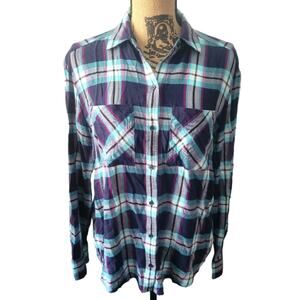 XS Express navy, purple, white, and teal blue plaid flannel button down shirt